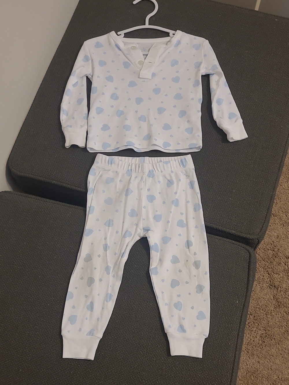 Little English White Pajama Set with Light Blue Heart Print